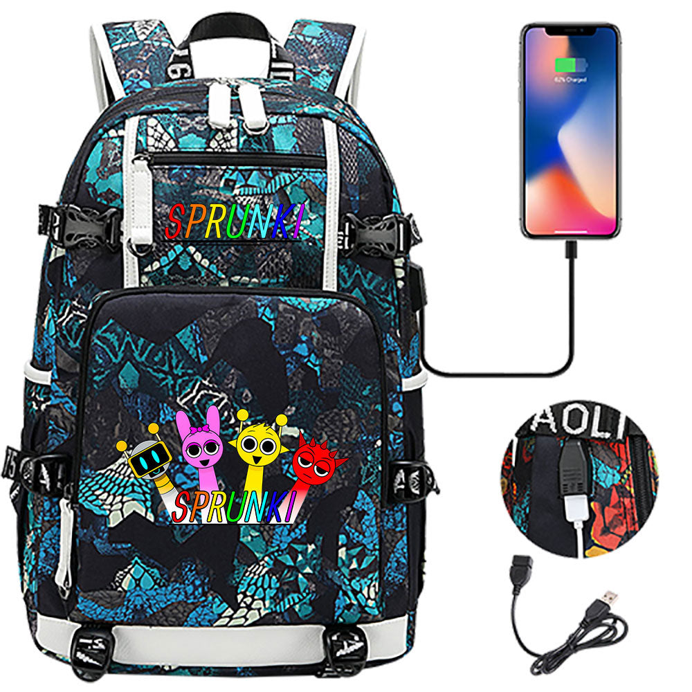 Sprunki USB Charging Backpack School NoteBook Laptop Travel Bags