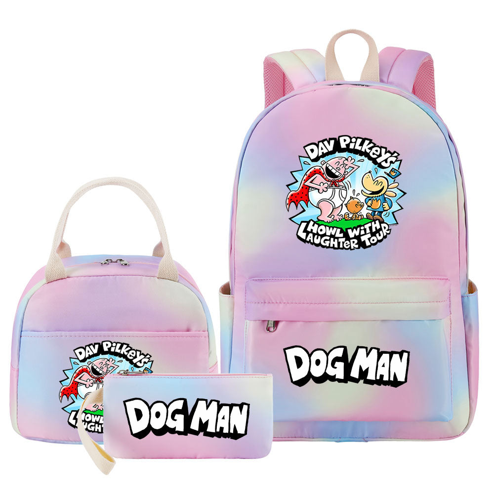 Dog Man Pink Starry Sky SchoolBag Backpack Lunch Box Bag Book Pencil Bags 3pcs Set