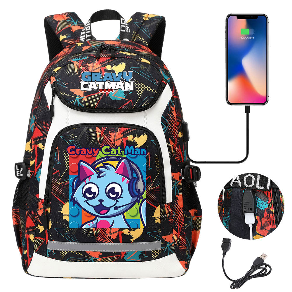 Gravy Cat Man USB Charging Backpack School NoteBook Laptop Travel Bags