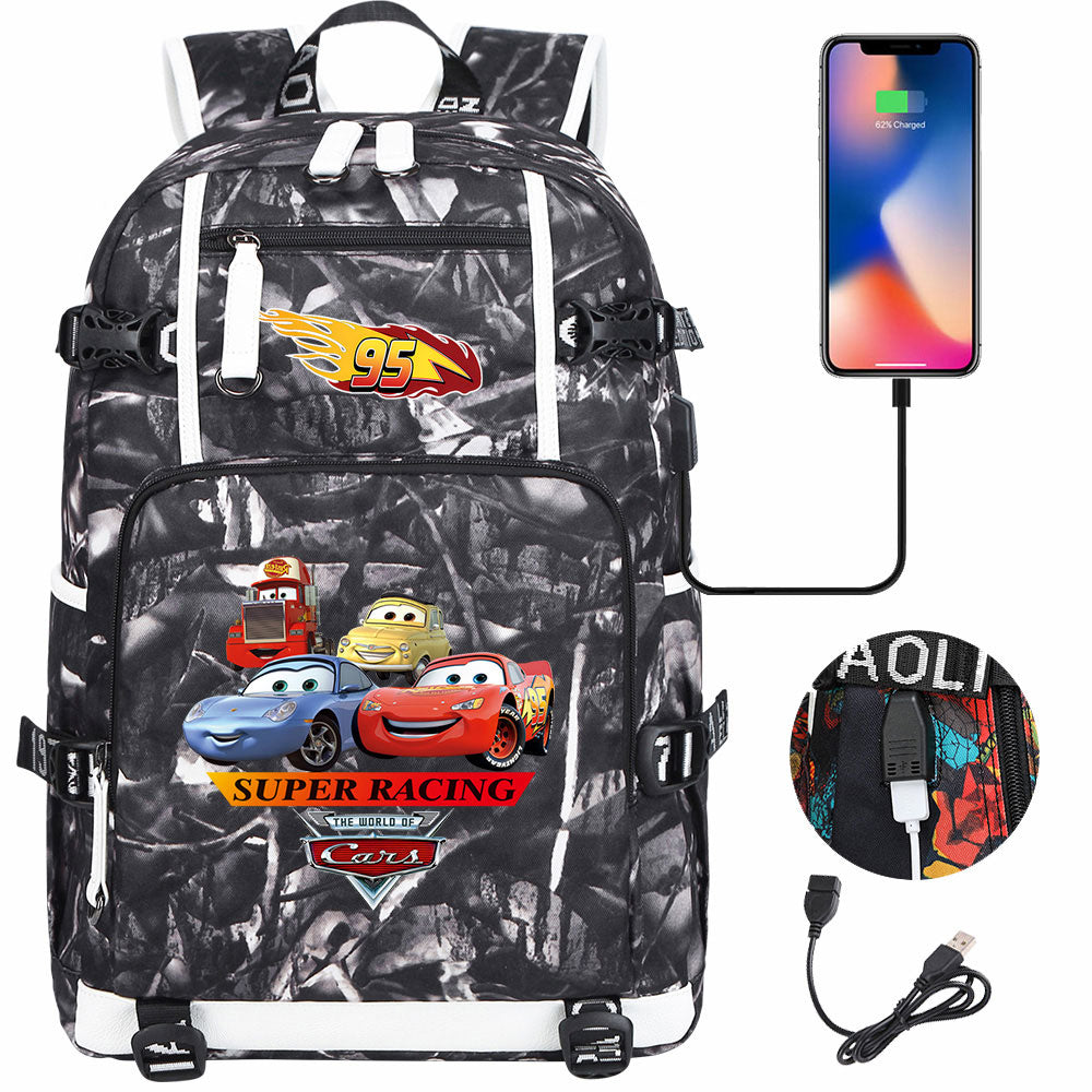 Cars Lightning USB Charging Backpack School NoteBook Laptop Travel Bags