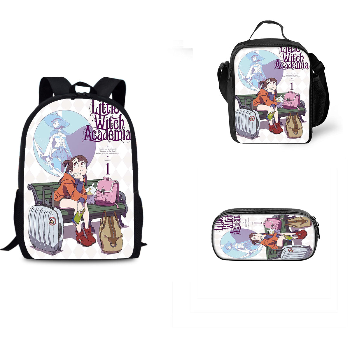 Little Witch Academia Schoolbag Backpack Lunch Bag Pencil Case 3pcs Set Gift for Kids Students