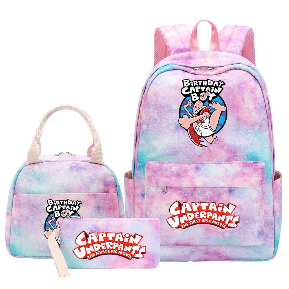 Captain Underpants Pink Starry Sky SchoolBag Backpack Lunch Box Bag Book Pencil Bags 3pcs Set