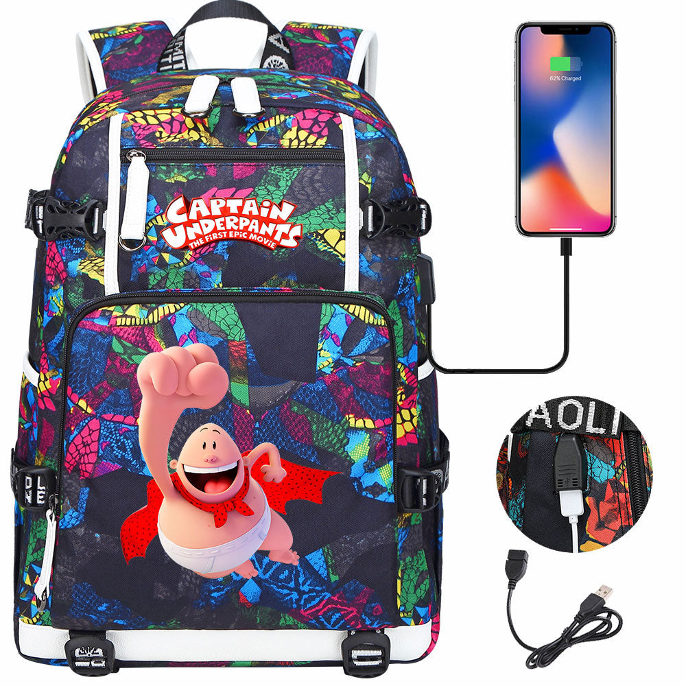 Captain Underpants USB Charging Backpack School NoteBook Laptop Travel Bags