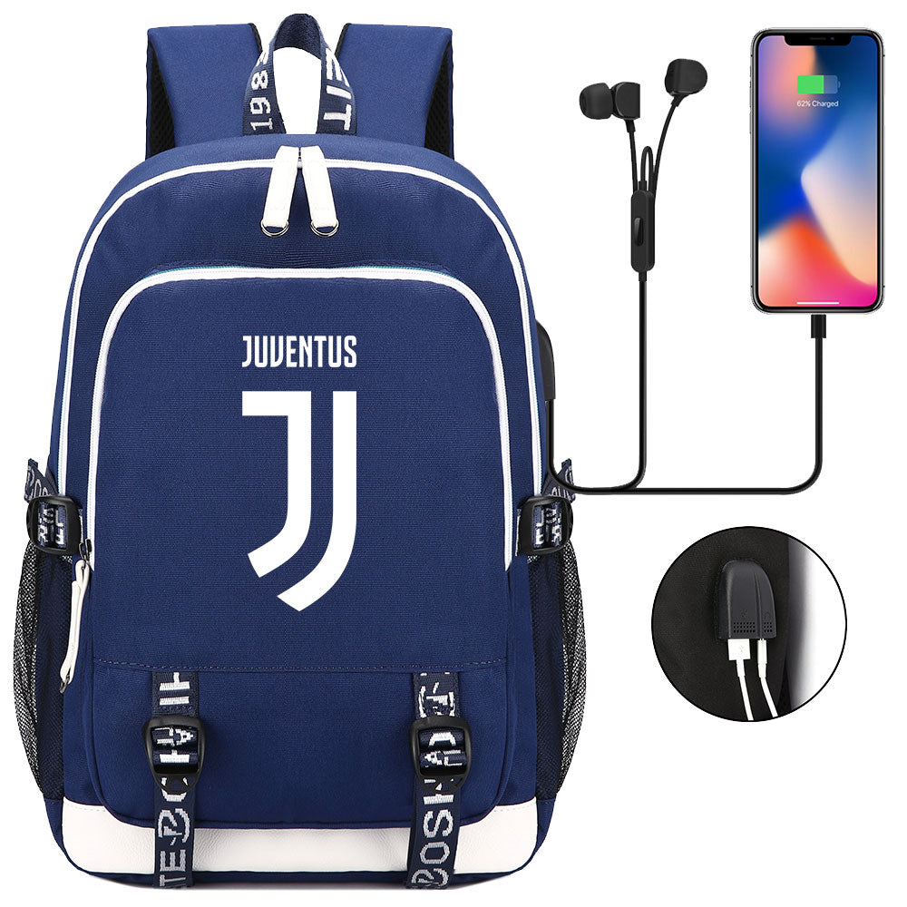Juventus Football Club USB Charging Backpack School Note Book Laptop Travel Bags
