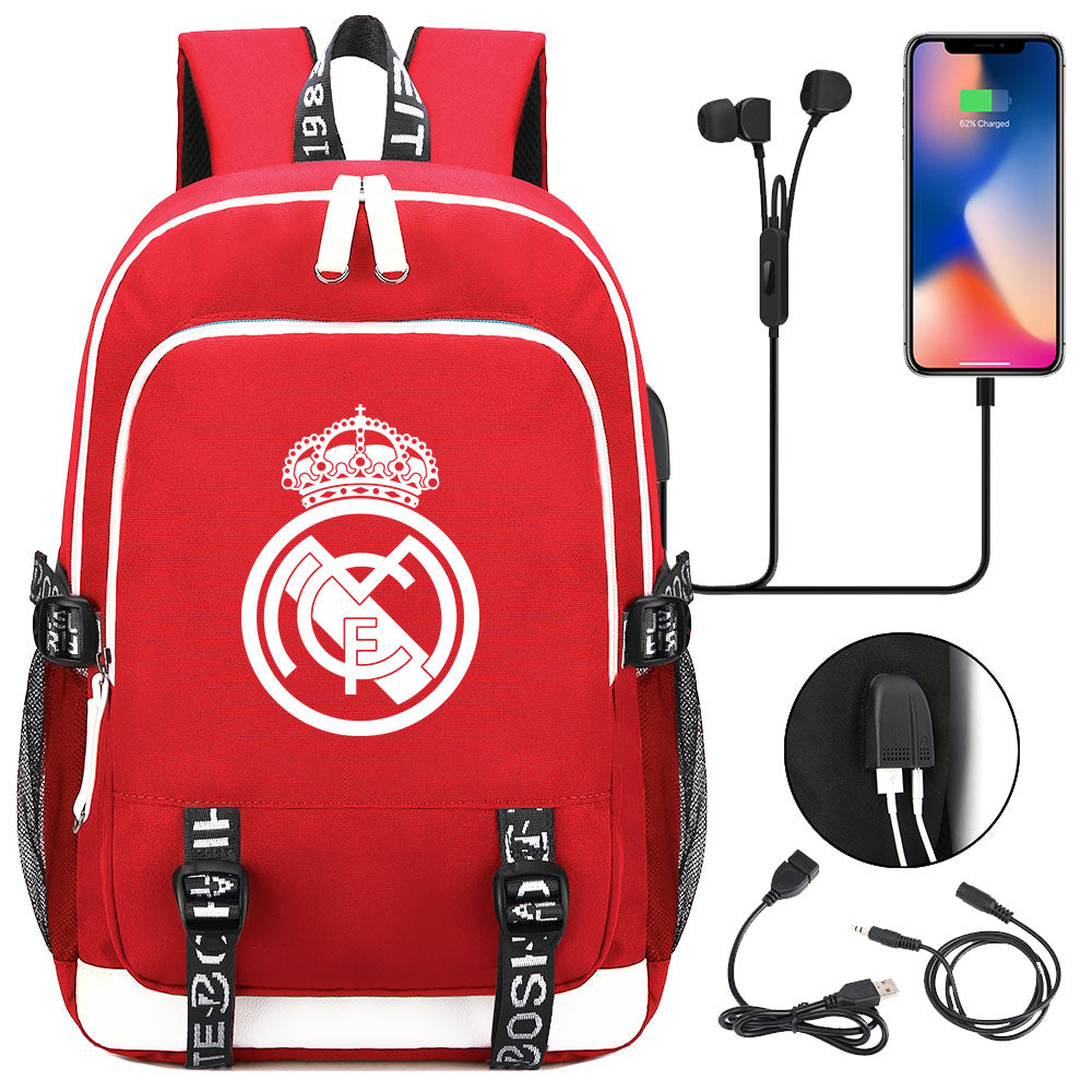 Real Madrid Football Club USB Charging Backpack School Note Book Laptop Travel Bags