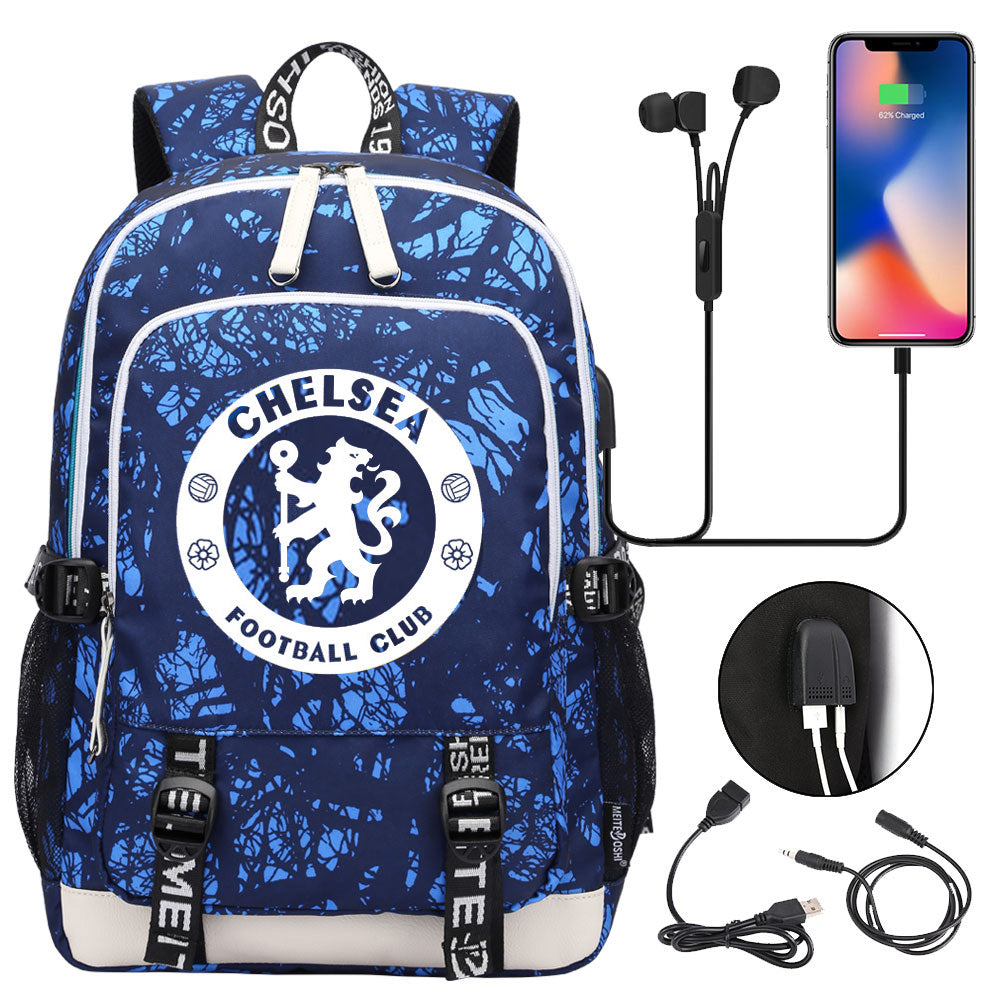 Chelsea Football Club USB Charging Backpack School Note Book Laptop Travel Bags