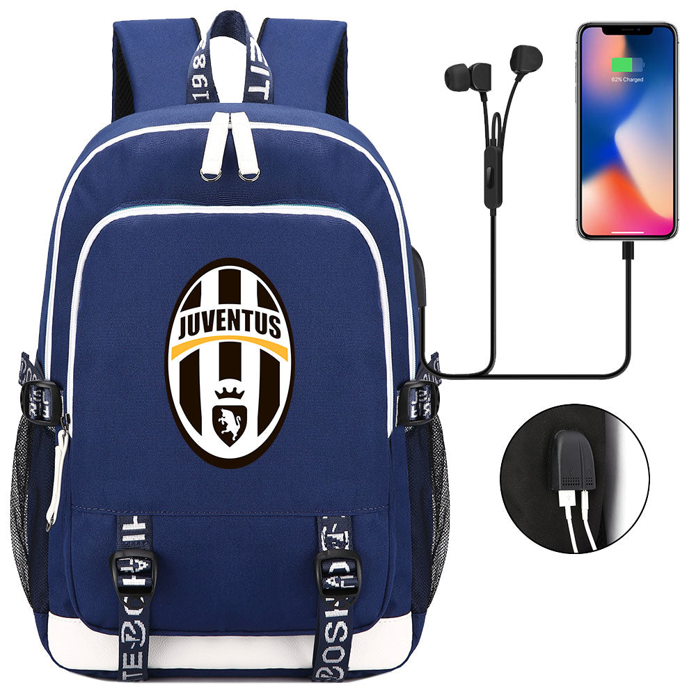 Juventus Football Club USB Charging Backpack School Note Book Laptop Travel Bags