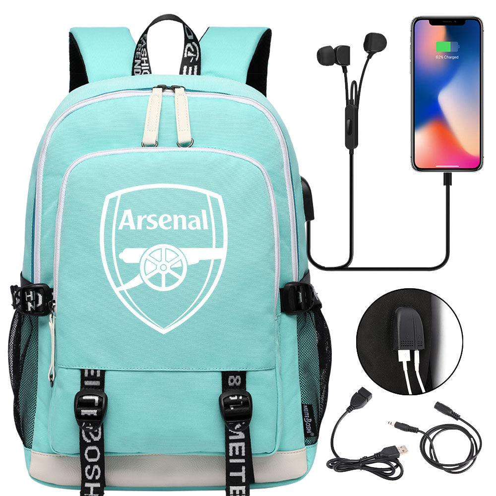 Arsenal Football Club USB Charging Backpack School Note Book Laptop Travel Bags