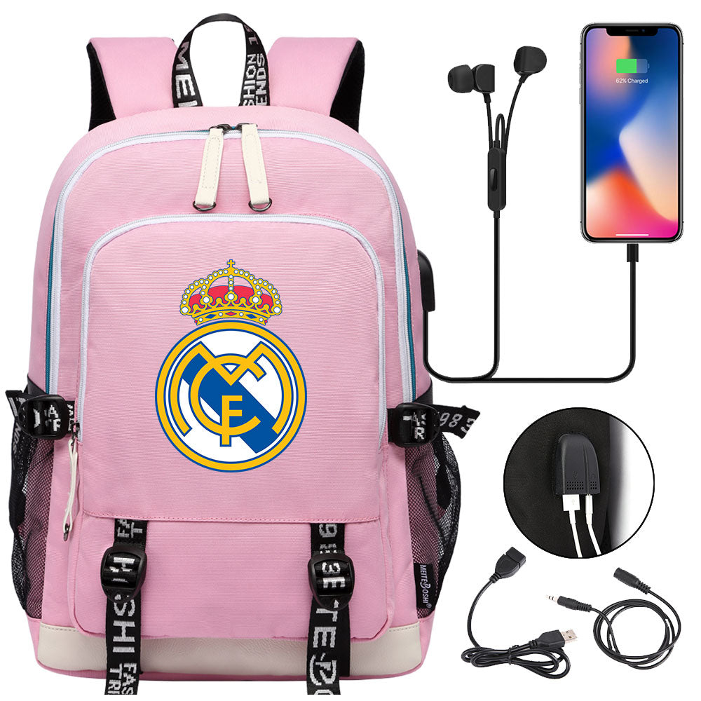 Real Madrid Football Club USB Charging Backpack School Note Book Laptop Travel Bags
