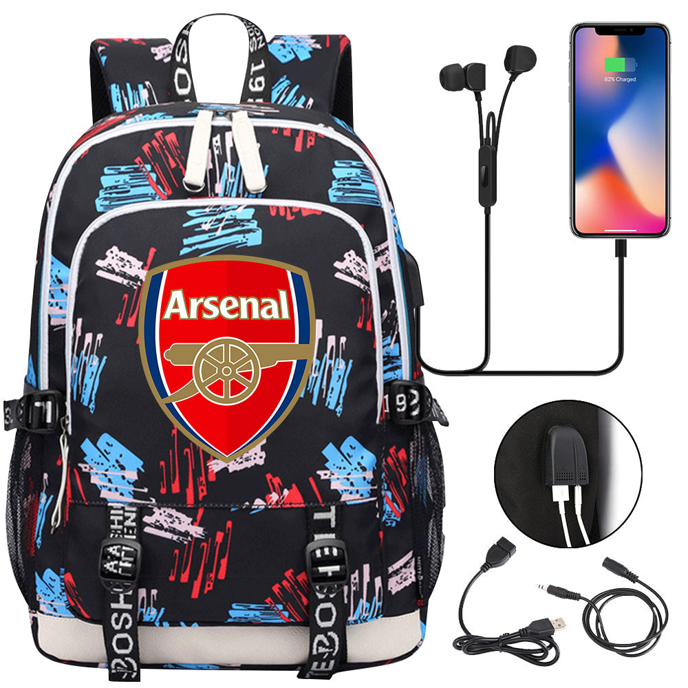 Arsenal Football Club USB Charging Backpack School Note Book Laptop Travel Bags