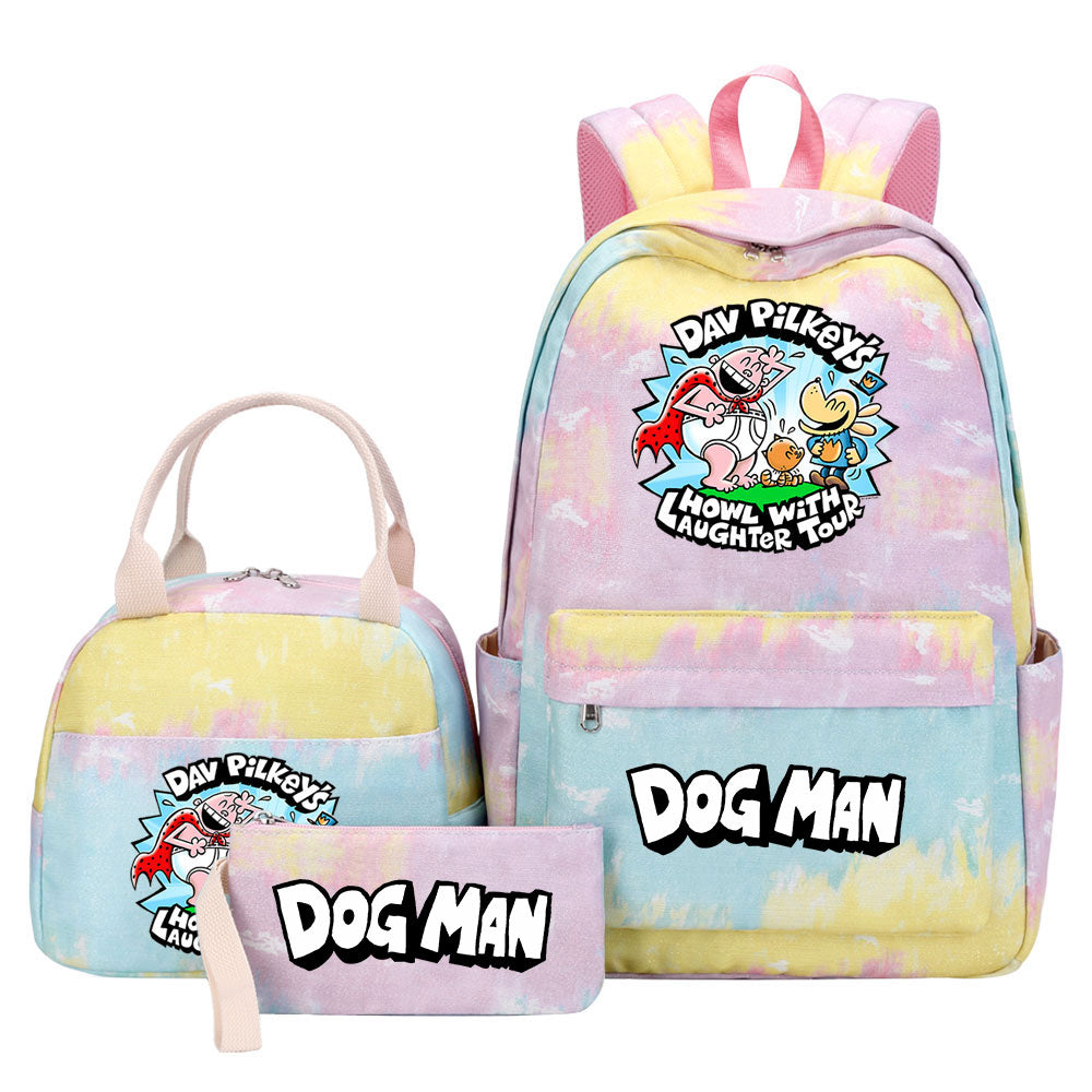 Dog Man Pink Starry Sky SchoolBag Backpack Lunch Box Bag Book Pencil Bags 3pcs Set