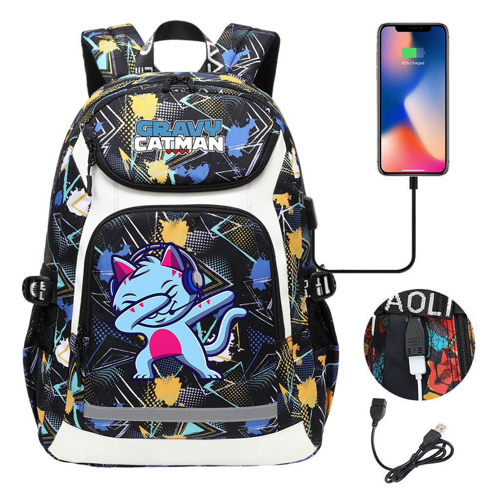 Gravy Cat Man USB Charging Backpack School NoteBook Laptop Travel Bags