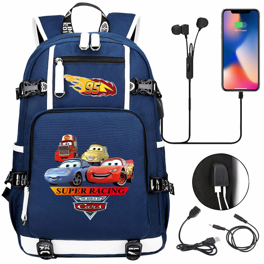 Cars Lightning USB Charging Backpack School NoteBook Laptop Travel Bags