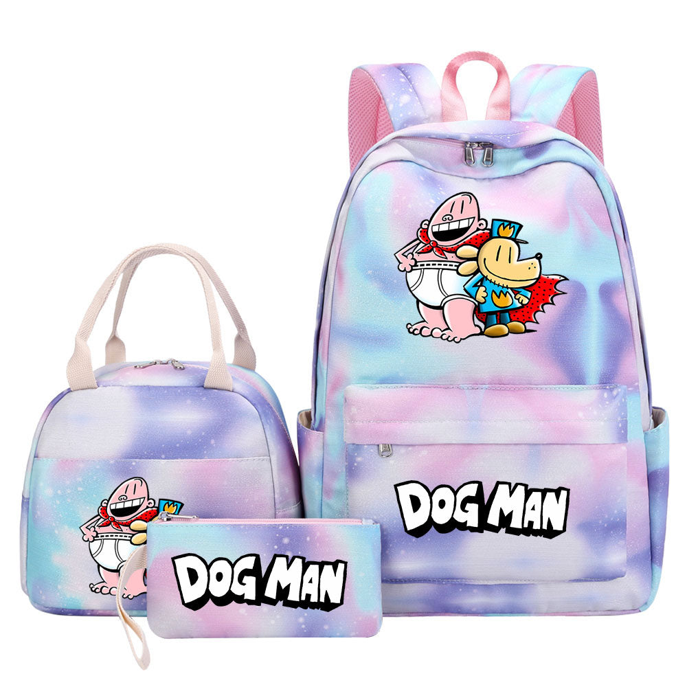 Dog Man Pink Starry Sky SchoolBag Backpack Lunch Box Bag Book Pencil Bags 3pcs Set