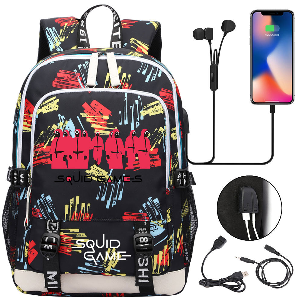 Squid Game USB Charging Backpack School Note Book Laptop Travel Bags
