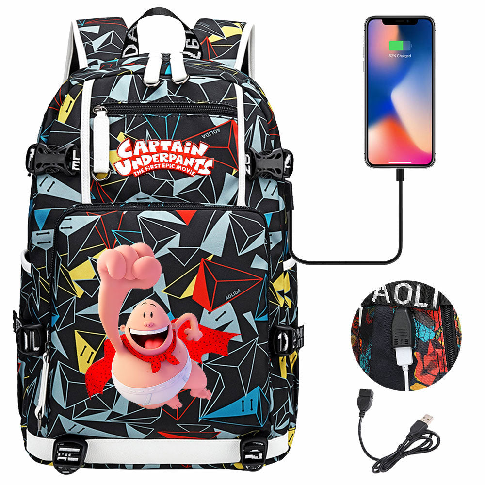Captain Underpants USB Charging Backpack School NoteBook Laptop Travel Bags