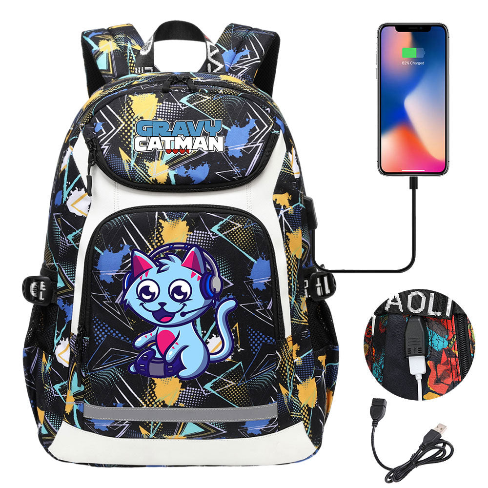 Gravy Cat Man USB Charging Backpack School NoteBook Laptop Travel Bags