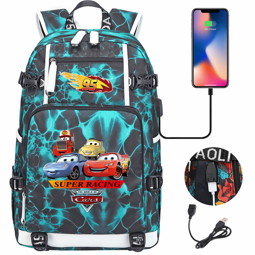 Cars Lightning USB Charging Backpack School NoteBook Laptop Travel Bags