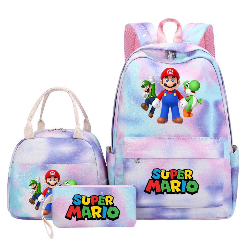 Super Mario Pink Starry Sky SchoolBag Backpack Lunch Box Bag Book Pencil Bags  3pcs Set