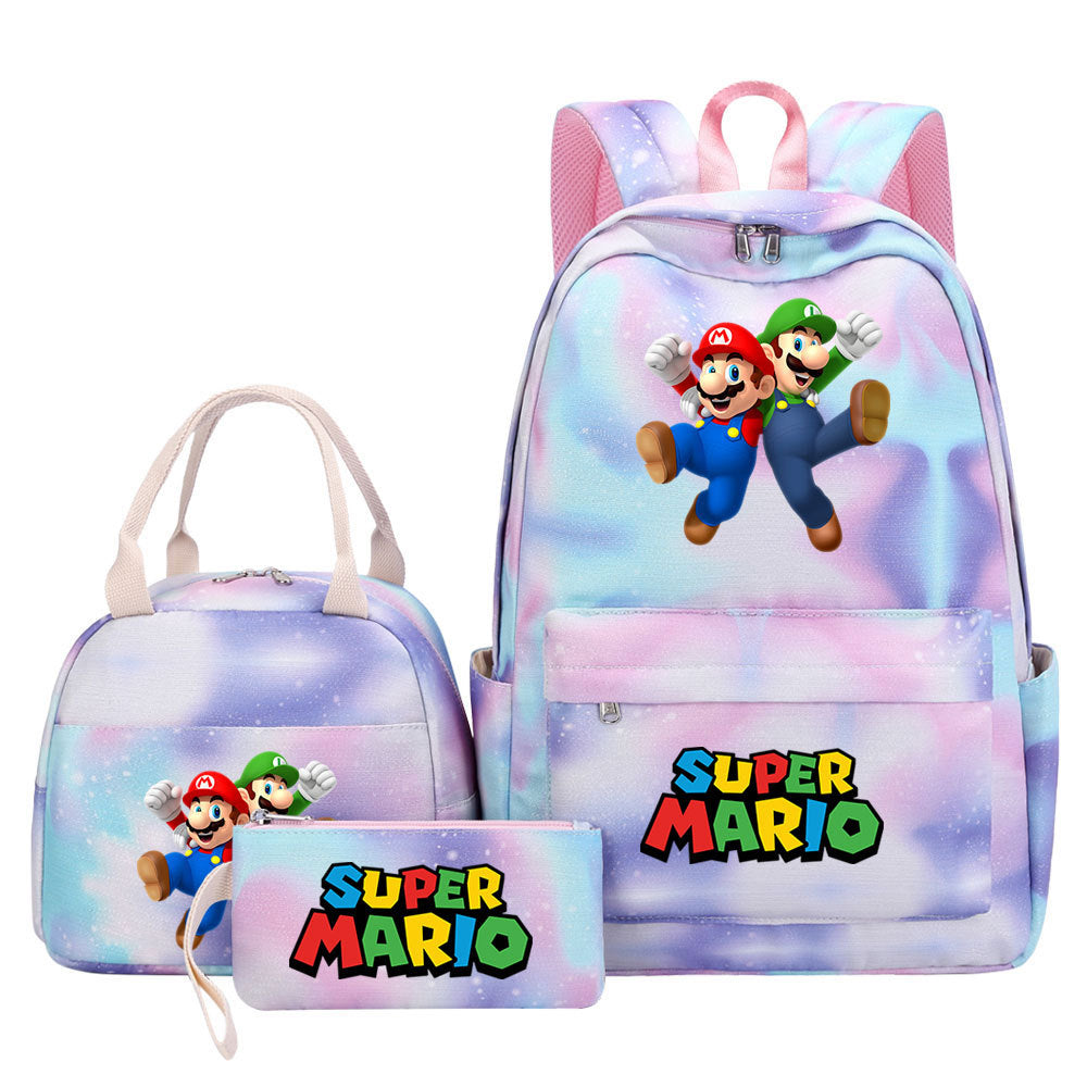Super Mario Pink Starry Sky SchoolBag Backpack Lunch Box Bag Book Pencil Bags  3pcs Set