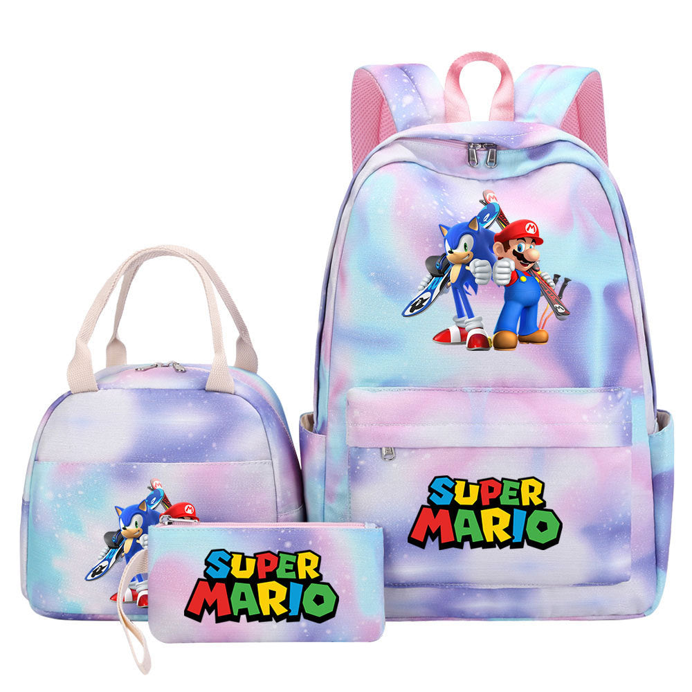 Super Mario Pink Starry Sky SchoolBag Backpack Lunch Box Bag Book Pencil Bags  3pcs Set