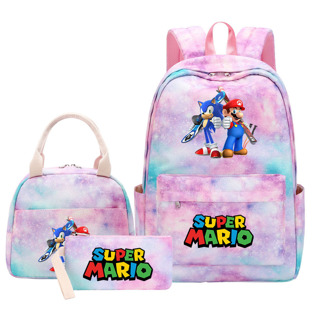 Super Mario Pink Starry Sky SchoolBag Backpack Lunch Box Bag Book Pencil Bags  3pcs Set