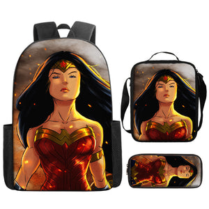 Wonder Woman Diana Prince Schoolbag Backpack Lunch Bag Pencil Case 3pcs Set Gift for Kids Students