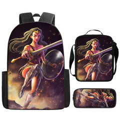 Wonder Woman Diana Prince Schoolbag Backpack Lunch Bag Pencil Case 3pcs Set Gift for Kids Students