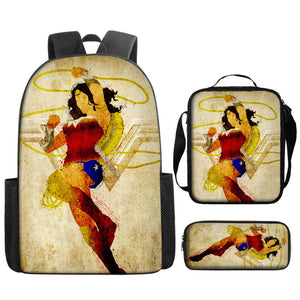 Wonder Woman Diana Prince Schoolbag Backpack Lunch Bag Pencil Case 3pcs Set Gift for Kids Students