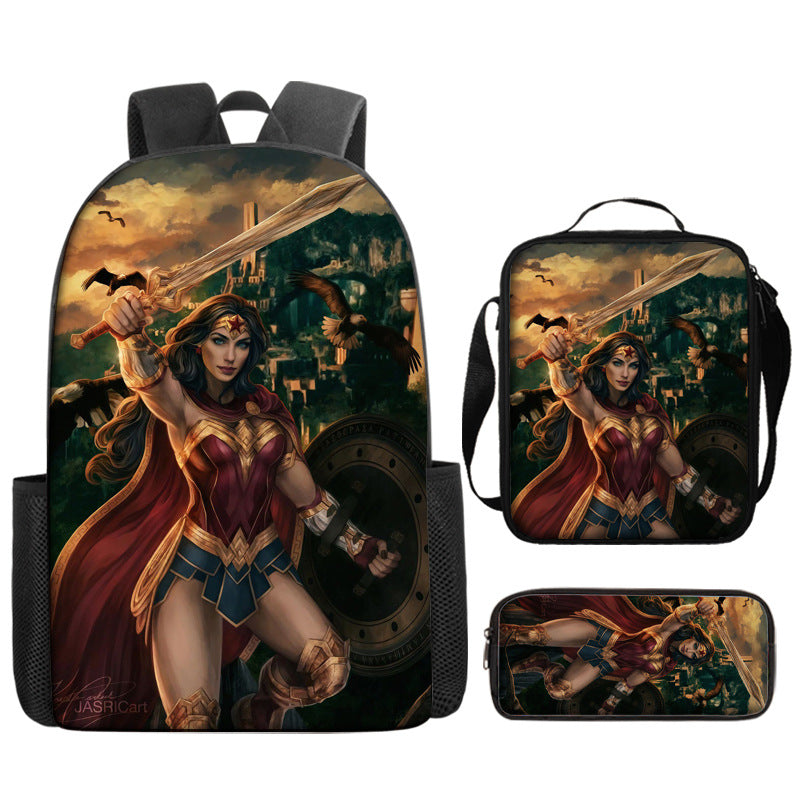 Wonder Woman Diana Prince Schoolbag Backpack Lunch Bag Pencil Case 3pcs Set Gift for Kids Students