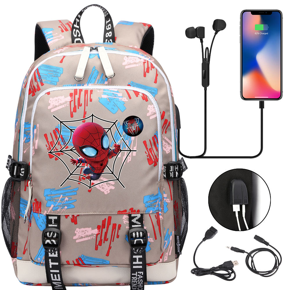 Spiderman Superhero USB Charging Backpack School Note Book Laptop Travel Bags