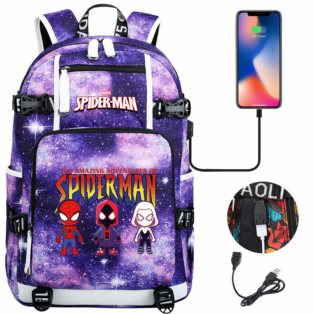 Spiderman Gwen Miles Morales  USB Charging Backpack School NoteBook Laptop Travel Bags