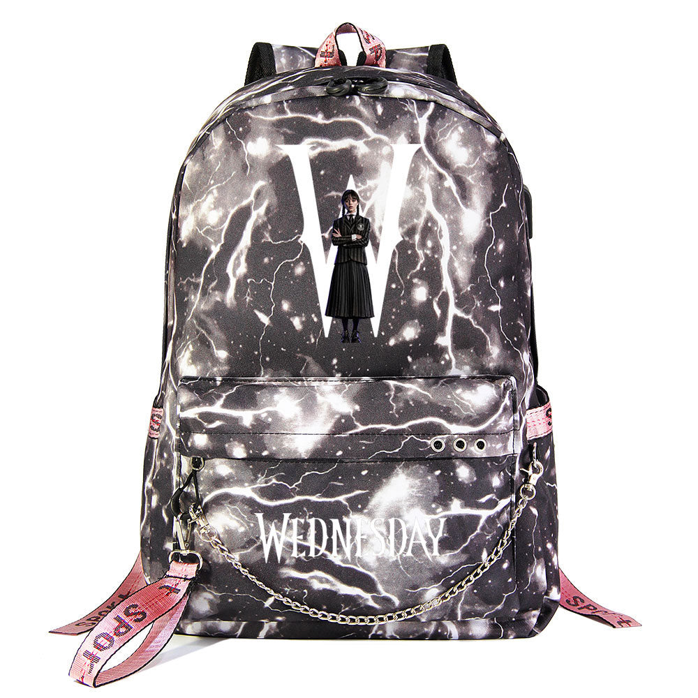 Wednesday Addams USB Charging Backpack Schoolbag Notebook Bag Gifts for Kids Students