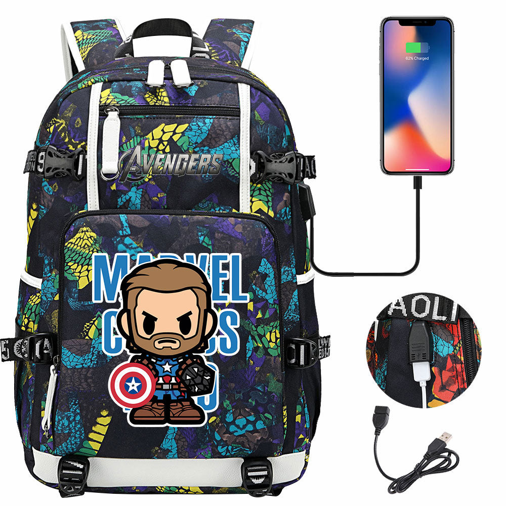 Avengers Superhero Iron Man Captain America Spiderman Hulk Thor Thanos USB Charging Backpack School NoteBook Laptop Travel Bags