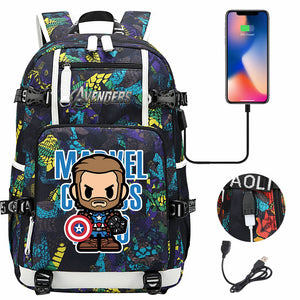 Avengers Superhero Iron Man Captain America Spiderman Hulk Thor Thanos USB Charging Backpack School NoteBook Laptop Travel Bags