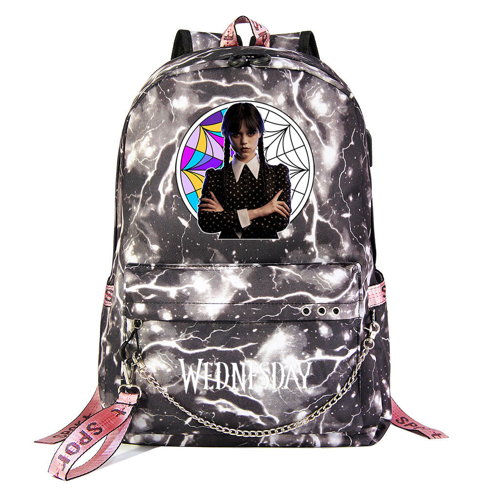 Wednesday Addams USB Charging Backpack Schoolbag Notebook Bag Gifts for Kids Students
