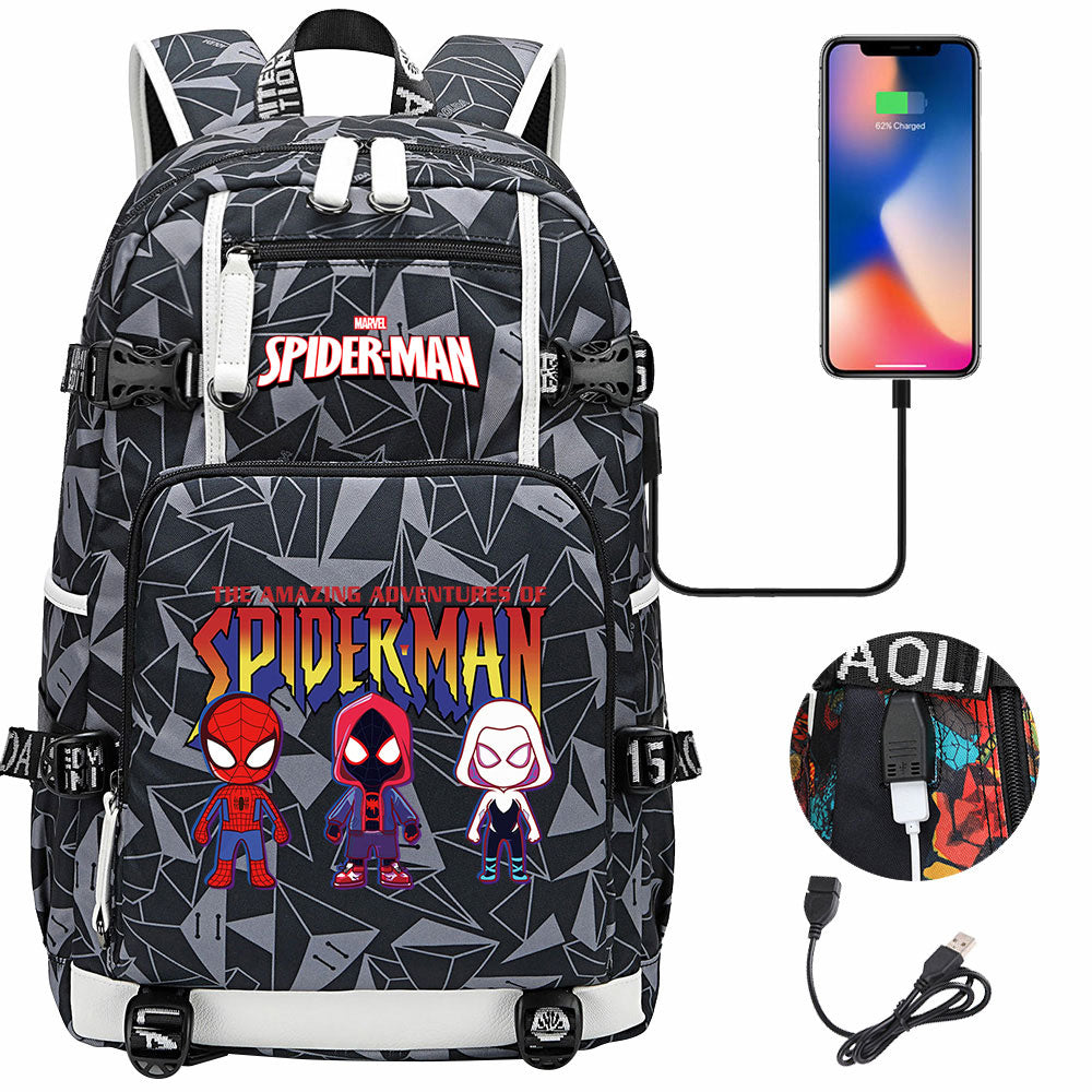 Spiderman Gwen Miles Morales  USB Charging Backpack School NoteBook Laptop Travel Bags