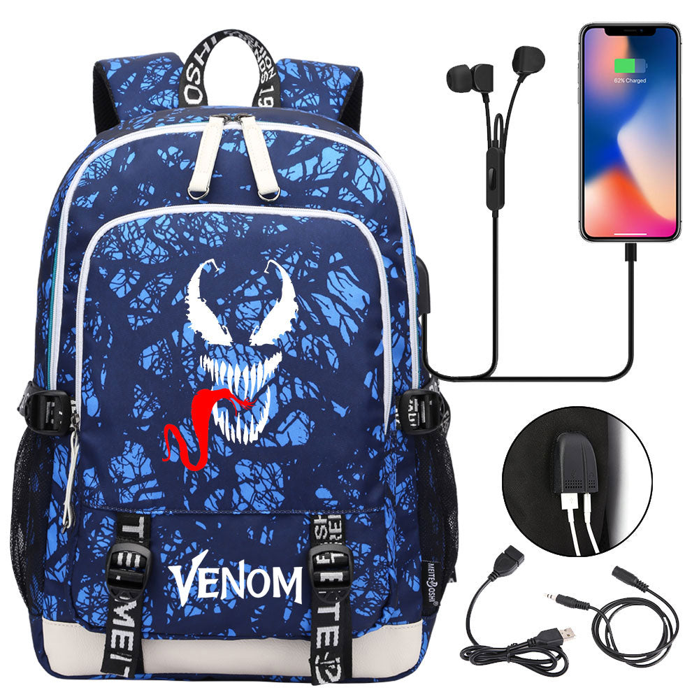 Venom Superhero USB Charging Backpack School Note Book Laptop Travel Bags