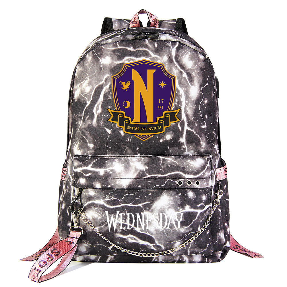 Wednesday Addams USB Charging Backpack Schoolbag Notebook Bag Gifts for Kids Students