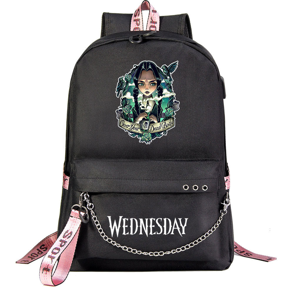 Wednesday Addams USB Charging Backpack Schoolbag Notebook Bag Gifts for Kids Students