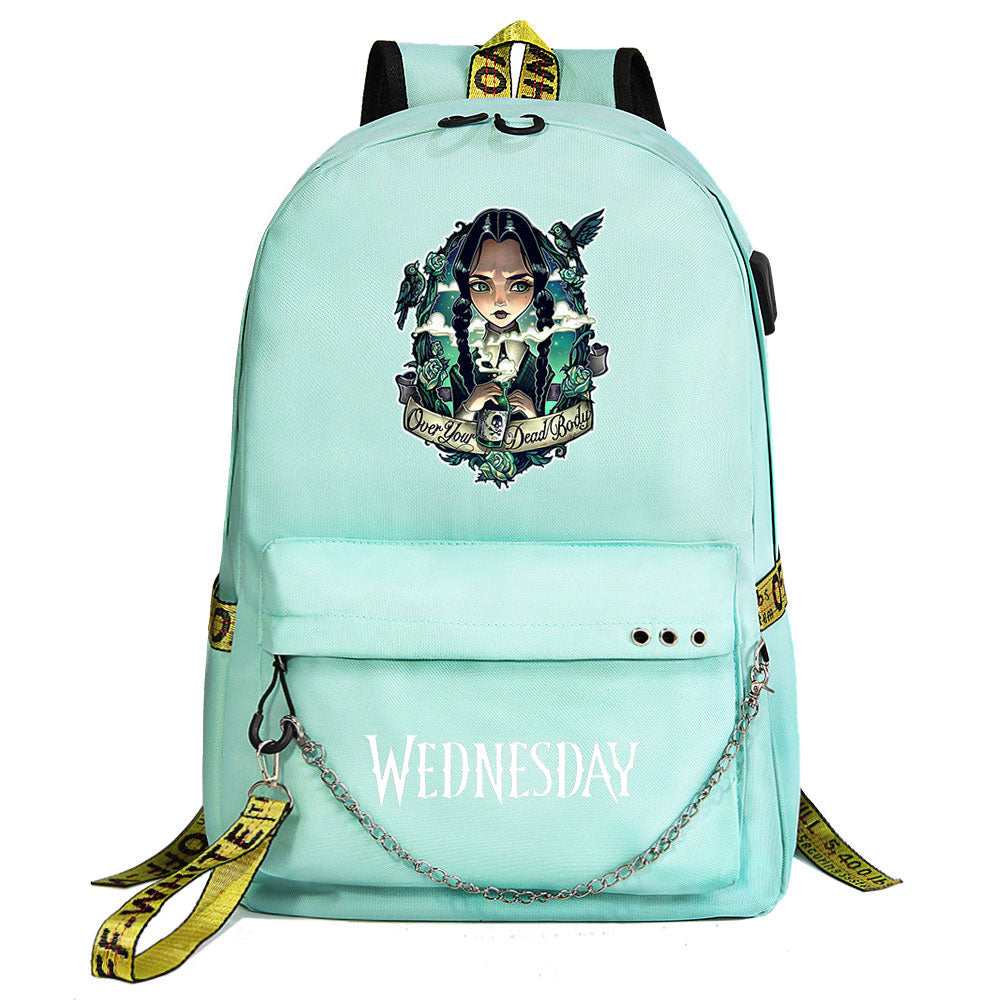 Wednesday Addams USB Charging Backpack Schoolbag Notebook Bag Gifts for Kids Students