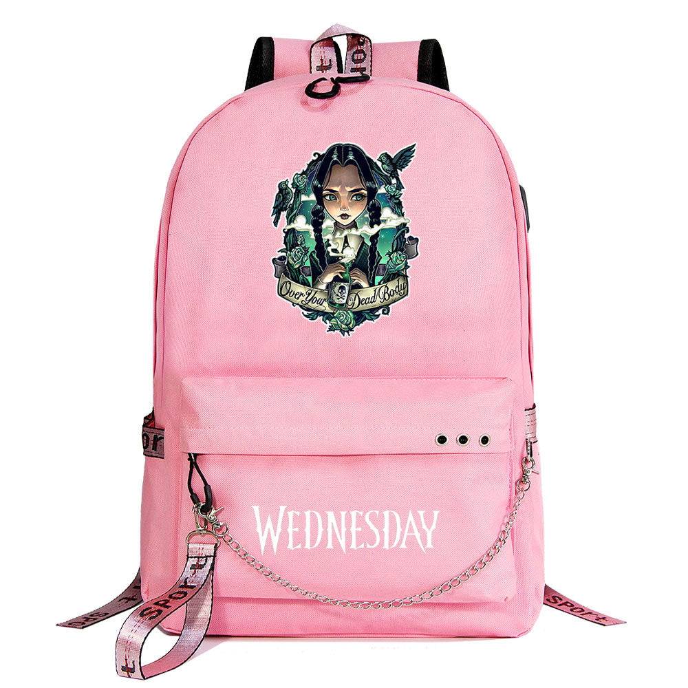 Wednesday Addams USB Charging Backpack Schoolbag Notebook Bag Gifts for Kids Students