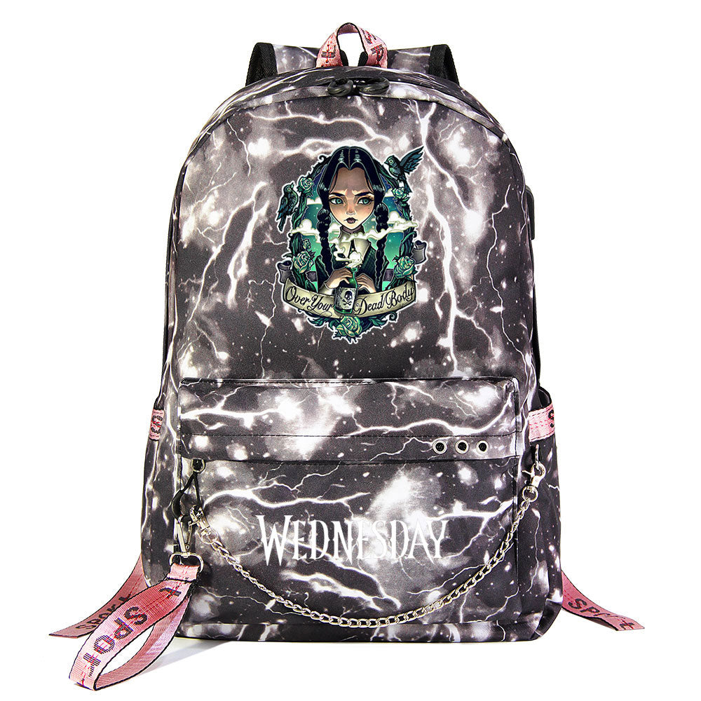 Wednesday Addams USB Charging Backpack Schoolbag Notebook Bag Gifts for Kids Students