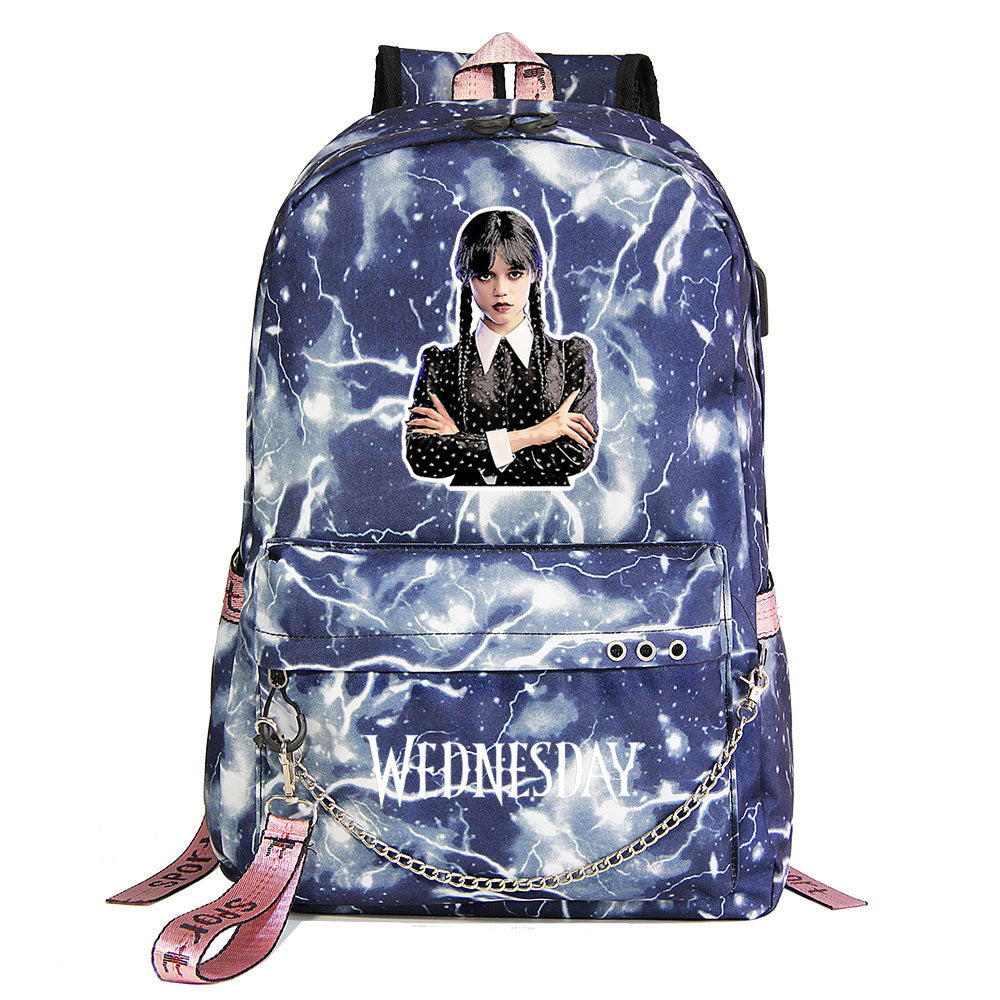 Wednesday Addams USB Charging Backpack Schoolbag Notebook Bag Gifts for Kids Students