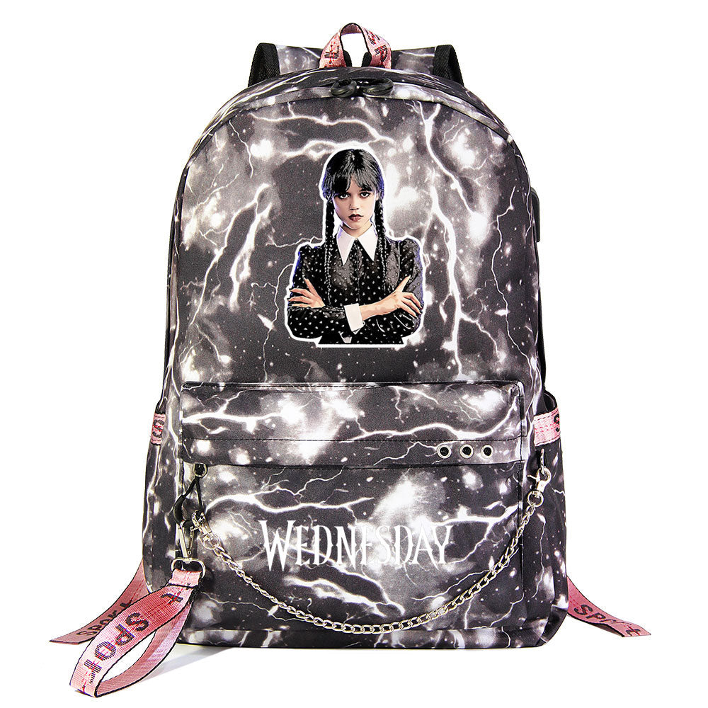 Wednesday Addams USB Charging Backpack Schoolbag Notebook Bag Gifts for Kids Students