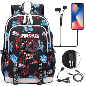 Spiderman Into the Spider Verse Miles Morales  USB Charging Backpack School Note Book Laptop Travel Bags