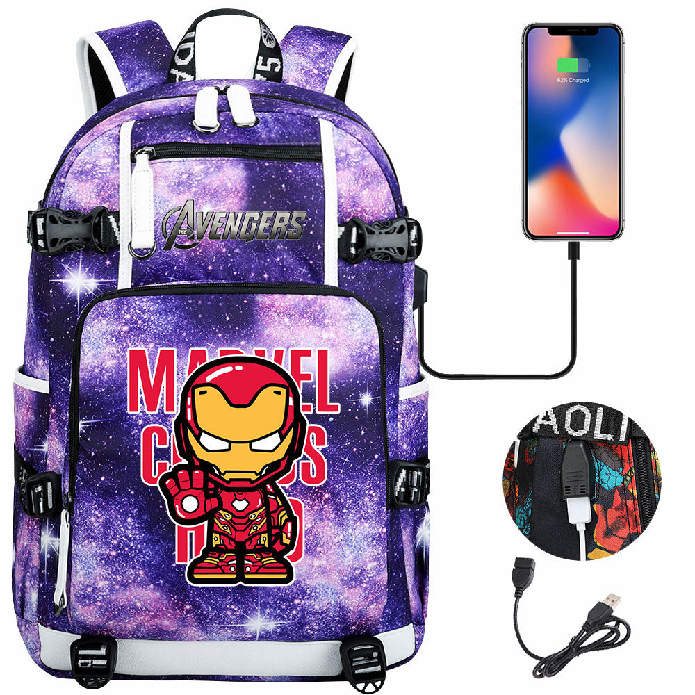 Avengers Superhero Iron Man Captain America Spiderman Hulk Thor Thanos USB Charging Backpack School NoteBook Laptop Travel Bags