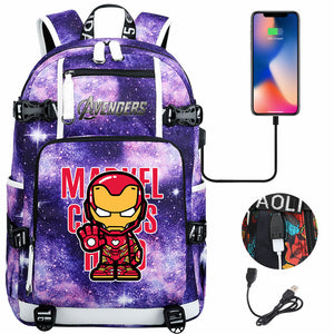 Avengers Superhero Iron Man Captain America Spiderman Hulk Thor Thanos USB Charging Backpack School NoteBook Laptop Travel Bags