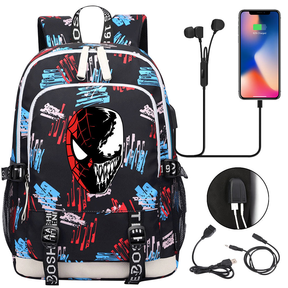 Spiderman Venom Superhero USB Charging Backpack School Note Book Laptop Travel Bags