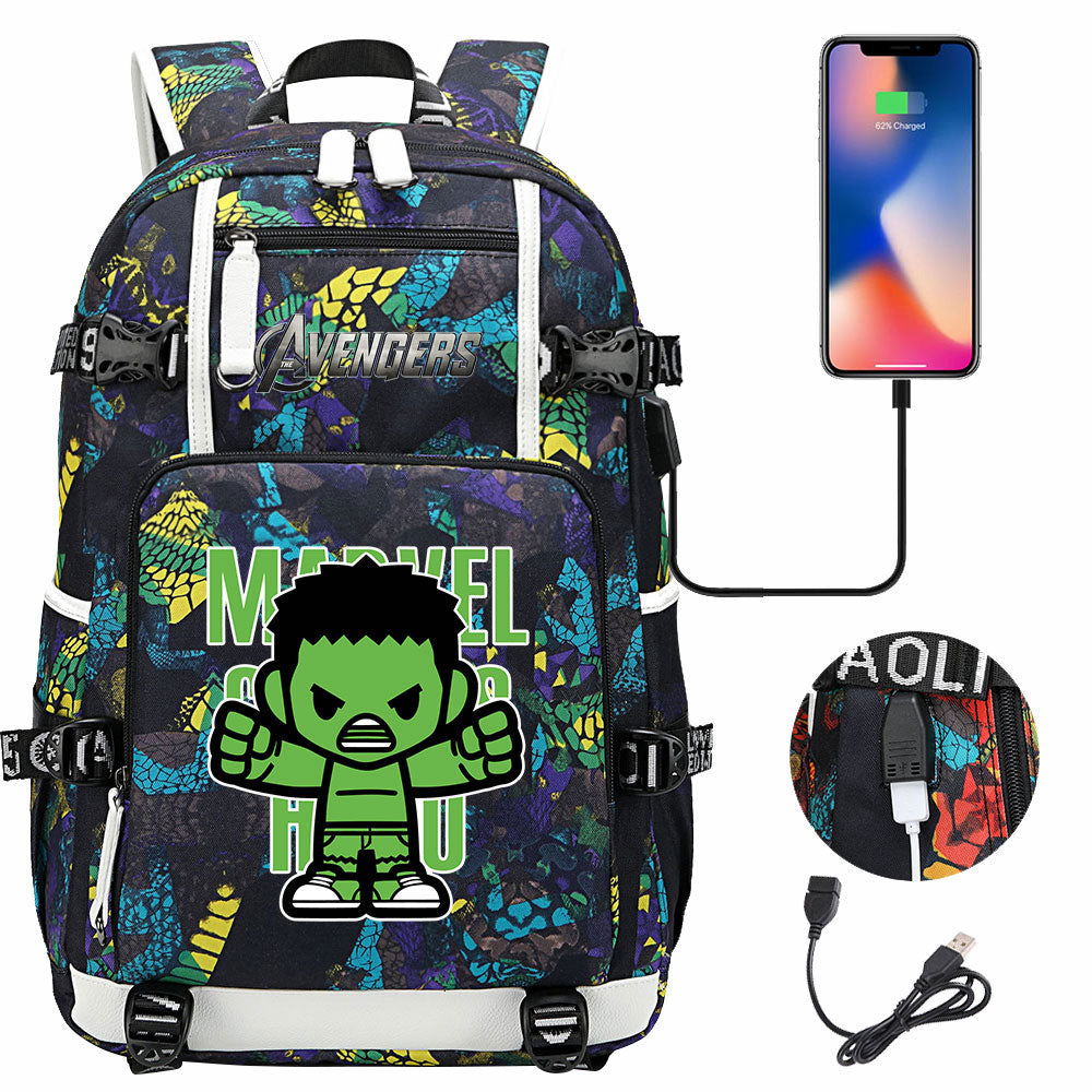 Avengers Superhero Iron Man Captain America Spiderman Hulk Thor Thanos USB Charging Backpack School NoteBook Laptop Travel Bags